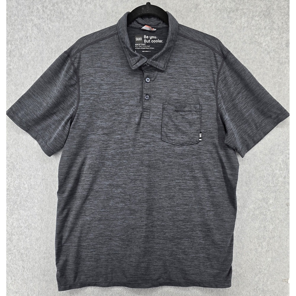 Saxx DropTemp All Day Cooling Polo Shirt Men's L Gray Heathered Pocket Golf